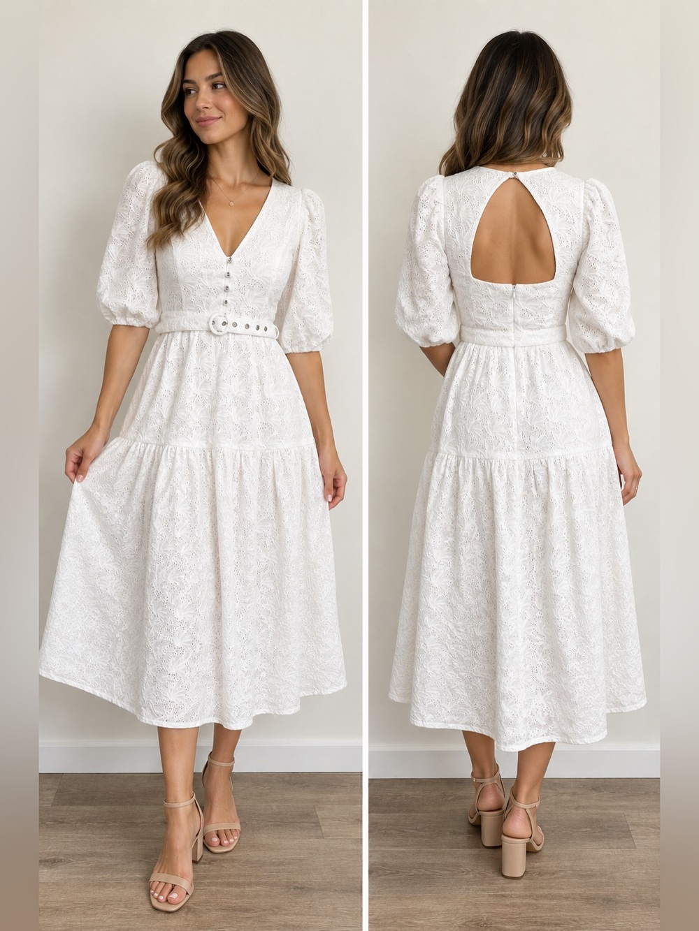 NICHOLAS Celie Floral Embroidered White Midi Dress Open Back Belted Size 2